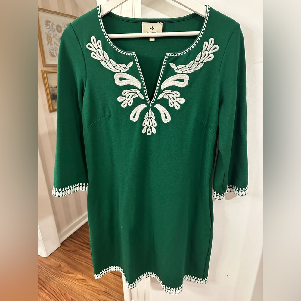 Tuckernuck Emerald Shift Dress with White Embroidery